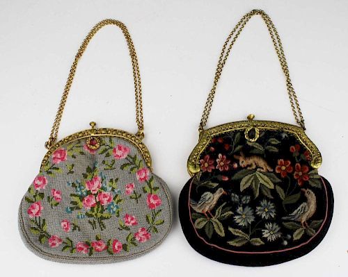 Two 1920'S  French Gilt Metal Frame Needlepoint Handbags