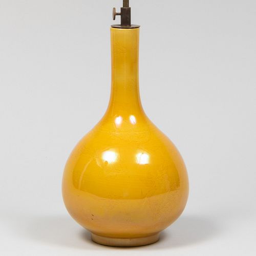 Chinese Qing Dynasty Style Incised Yellow Glazed Dragon Vase, Mounted as a Table Lamp