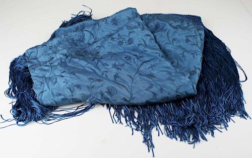 1920'S Blue Long Fringed Shawl With Blue Floral And Vine