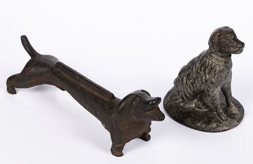 CAST-IRON FIGURAL DOG BOOT SCRAPER AND DOORSTOP, LOT OF TWO