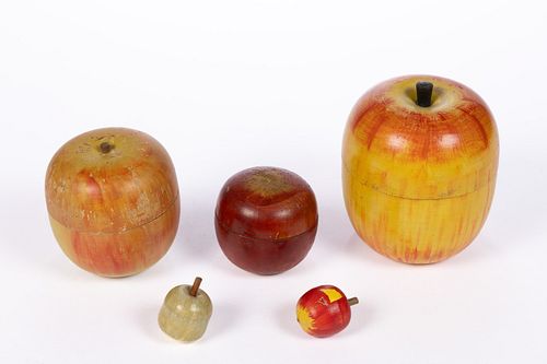 CARVED AND TURNED TREEN FIGURAL APPLE GAMES, LOT OF FIVE