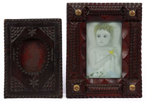 AMERICAN FOLK ART CARVED AND PAINTED FOLK / TRAMP ART FRAMES, LOT OF TWO