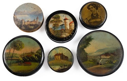 ASSORTED DECORATED LACQUER / WOOD SNUFF BOXES, LOT OF SIX