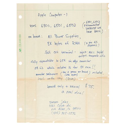 Steve Jobs Handwritten Advertisement for the Apple-1 Computer