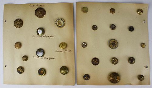 2 Pages Of Large Brass & Glass Buttons.