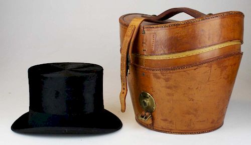 Fine Men'S Beaver Felt Top Hat In Leather Case Made By