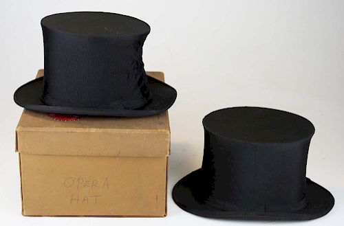 Two Folding Silk Men'S Opera Top Hats, One In Original Box