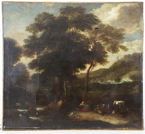 18th C. European Oil on Canvas. Figures & Animals