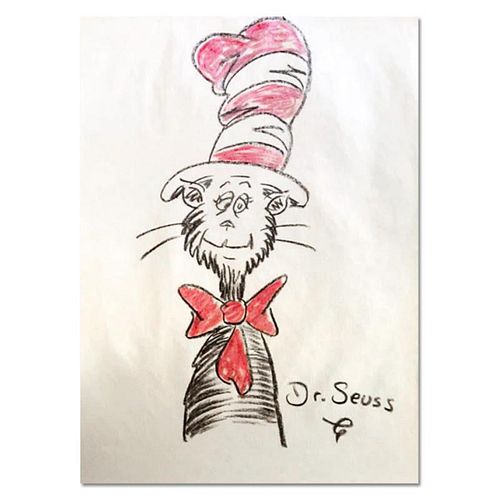 Dr. Seuss (1904-1991), "Can in the Hat Smiles" Hand Signed Original Drawing with Letter of Authenticity.