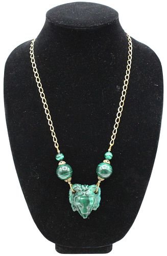 Gold Plated Malachite Lion Necklace