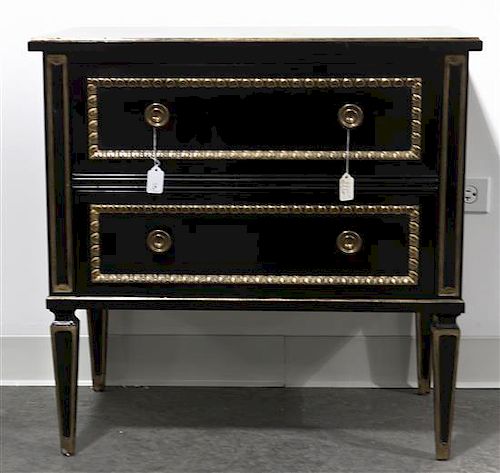 A Directoire Style Ebonized and Parcel Gilt Commode, Bodart, Height 27 1/2 x width 28 x depth 17 inches.