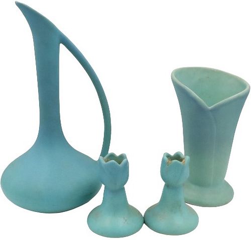 (4) Van Briggle Set, Vases & Candlesticks