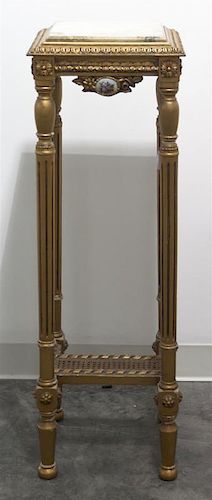 A Louis XVI Style Porcelain and Marble Inset Giltwood Pedestal Table, Height 40 x width 13 1/2 x width 13 1/2 inches.