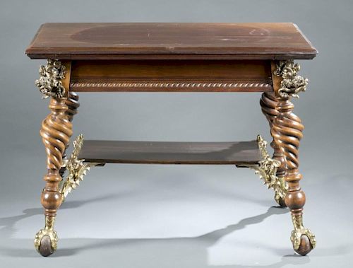 Hardwood table with dragon mounting details.