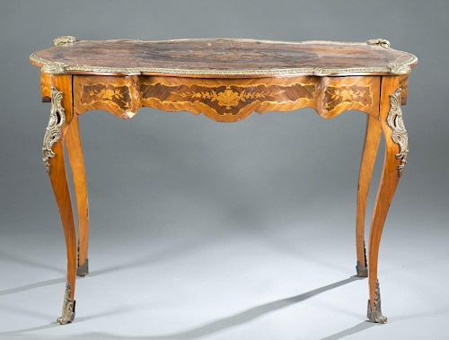 French marquetry table with metal mounts.