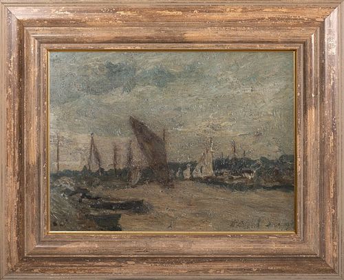 VIEW OF A BOATS IN A SUFFOLK HARBOUR OIL PAINTING