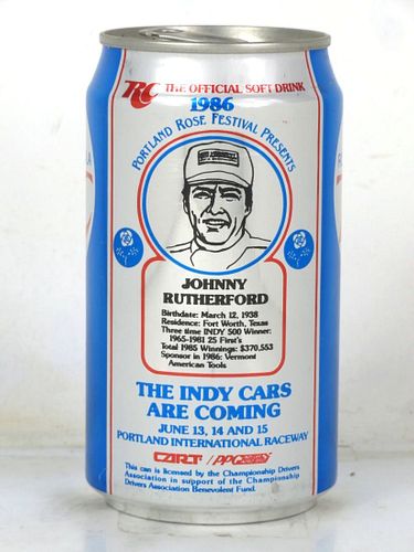 1986 RC Royal Crown Cola Johnny Rutherford NASCAR 12oz Can Portland Oregon
