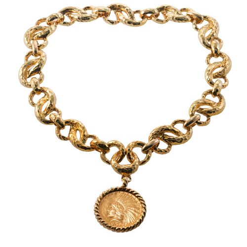 David Webb 18k Gold Coin Pendant Link Necklace