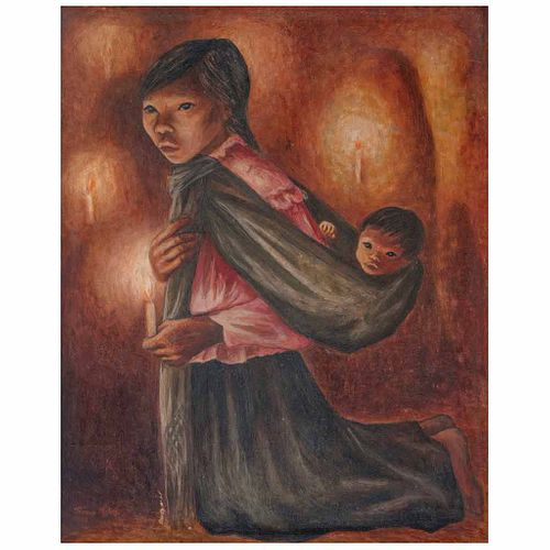 FANNY RABEL, Sin título (Mujer cargando a su hijo), Firmado y fechado 1952, Óleo sobre masonite, 50.5 x 40.5 cm