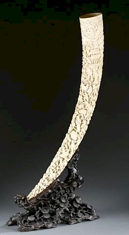Large Chinese ivory carved tusk w/stand.