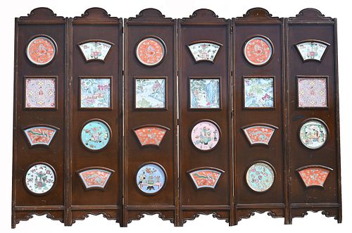 Chinese 6-Panel Room Divider with Porcelain Insets
