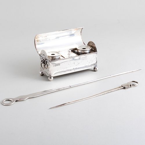 George V Silver Traveling Inkstand and Two Meat Skewers