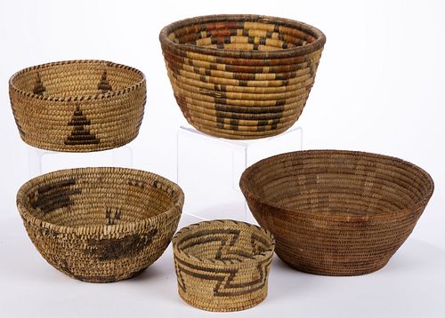 ASSORTED NATIVE AMERICAN WOVEN COIL BASKETS, LOT OF FIVE