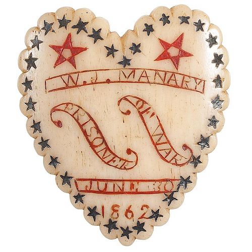 Civil War POW Folk Art Carved Bone Relic of W.J. Manary, 1st Massachusetts Infantry