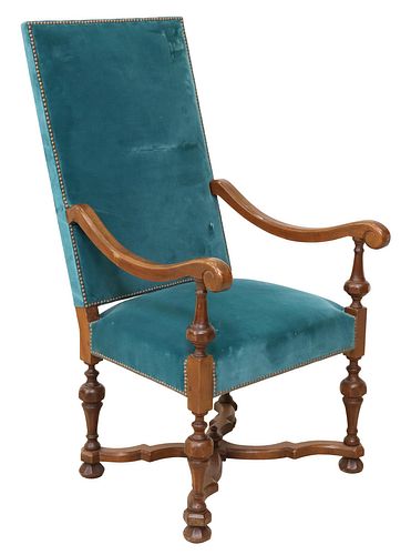 FRENCH LOUIS XIV STYLE VELVET HIGHBACK FAUTEUIL