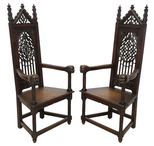 (2) FRENCH GOTHIC REVIVAL CARVED OAK THRONE CHAIRS