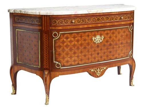 FRENCH LOUIS XV STYLE MARBLE-TOP MARQUETRY COMMODE