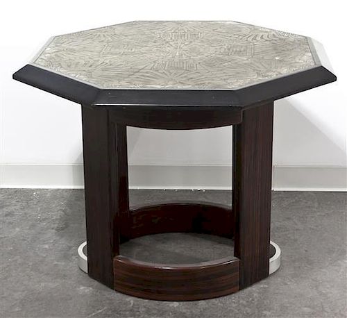 * An Art Deco Style Faux Grain Occasional Table, Height 29 x diameter 36 1/2 inches.