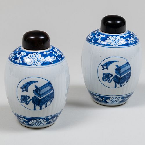  Chinese Blue and White Porcelain Tea Caddies and Wood Covers