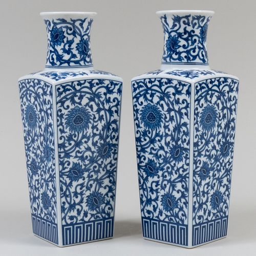 Pair of Chinese Blue and White Porcelain Square Baluster Vases