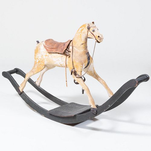 Victorian Carved and Painted Wood, Leather-Mounted Rocking Horse              
