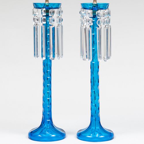 Pair of Blue Glass Lusters Mounted as Lamps, Possibly Baccarat