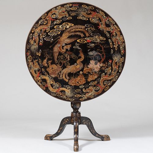 Chinese Export Black Lacquer, Polychrome Painted and Parcel-Gilt Tilt-Top Table