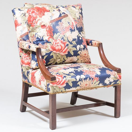 George III Style Mahogany Chintz Upholstered Library Chair