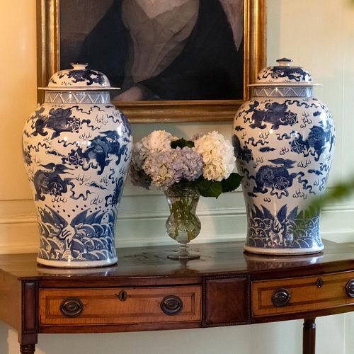 Pair of Chinese Blue and White Porcelain Jars and Covers