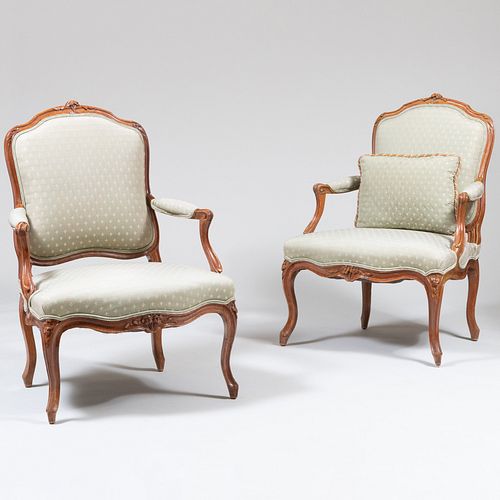 Pair of Louis XV Provincial Style Beechwood Upholstered Fauteuils a la Reine