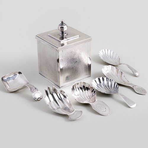 English Silver Tea Caddy and a Group of Six Caddy Spoons