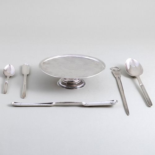 Group of English Silver Marrow Spoons, a Skewer, and a Low Compote