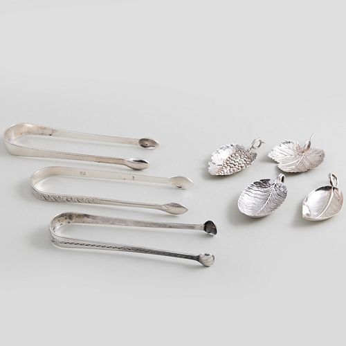 Group of English Silver Sugar Nips and Caddy Spoons