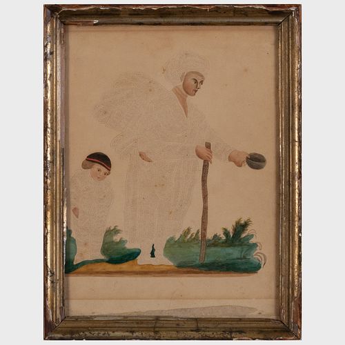 Folk Art Pinprick and Watercolor of a Man and Child