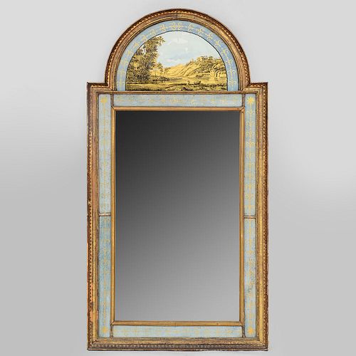 English Carved Giltwood, Verre Eglomise and Penwork Mirror