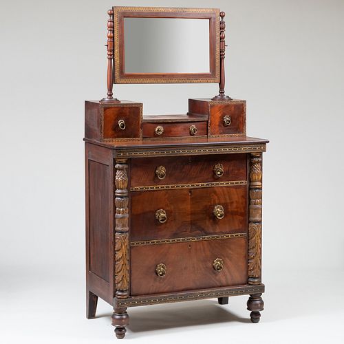 Empire Carved Mahogany and Painted Chest of Drawers with Mirror                   