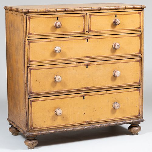 Regency Carved and Painted Pine Faux Bamboo Chest of Drawers                                               