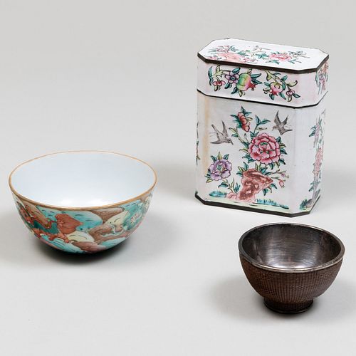 Chinese Canton Enamel Tea Caddy, a Famille Rose Porcelain Bowl, and a Silver-Mounted Bamboo Cup