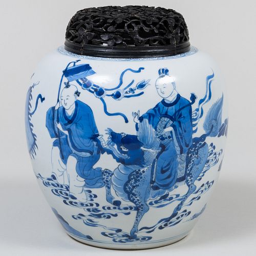  Chinese Blue and White Porcelain Ginger Jar and a Wood Cover 