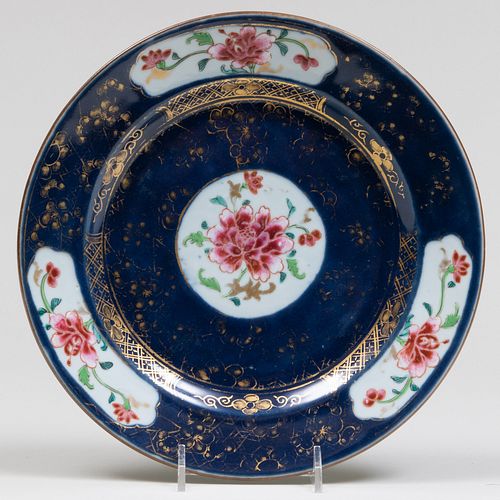  Chinese Export Blue Ground Famille Rose Porcelain Plate 